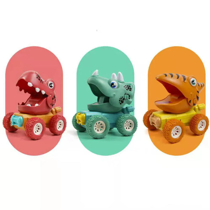 Three dinosaur toy car designs shown individually on pink, green, and orange panels