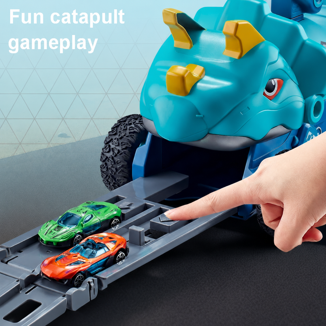 Hand pressing the front car-launching track beside green and orange mini cars