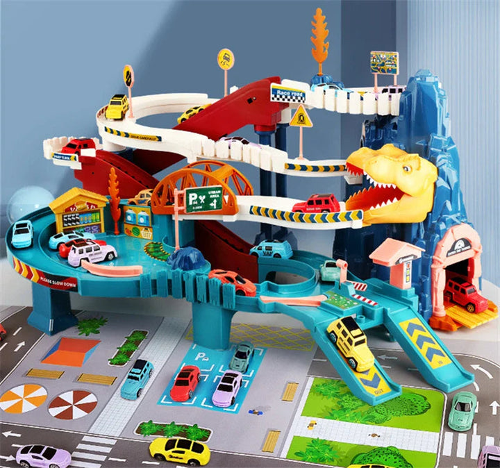 Dinosaur-themed toy car track with multilevel lanes, an orange bridge, and a road-pattern play mat.