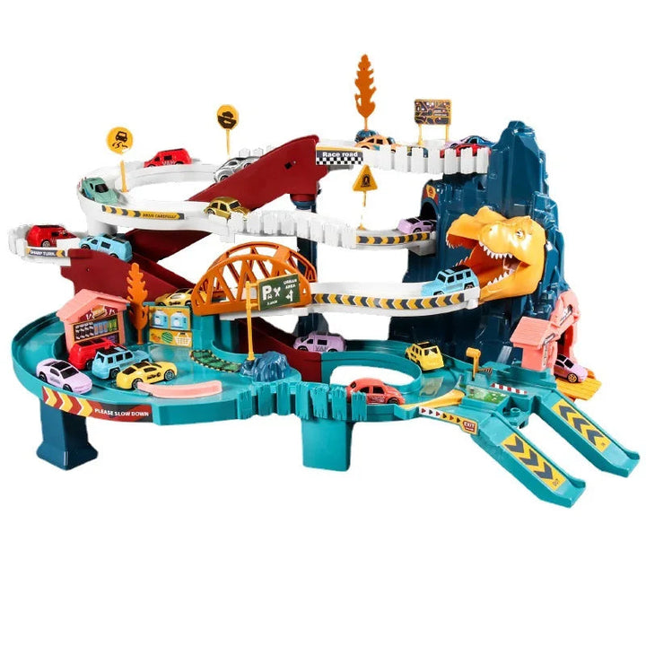 Dinosaur car playset with white track loops, an orange bridge, and a yellow dinosaur head.