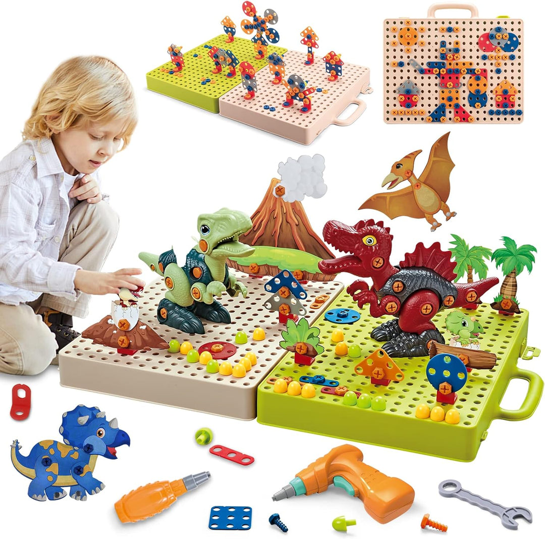 Child building a dinosaur scene on the open case, with flat and 3D model examples above