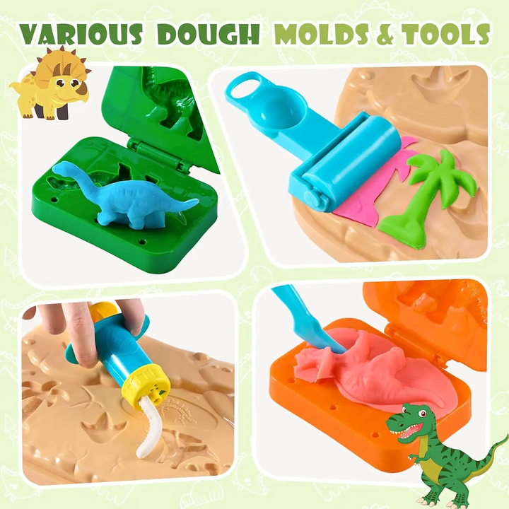 Dinosaur mold, rolling pin, extruder, and cutter shown shaping colorful clay