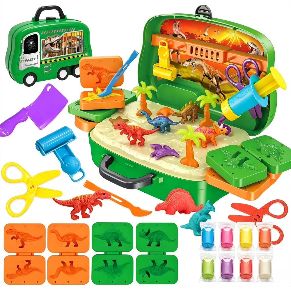 Dinosaur clay play set with an open green carry case, molds, shaping tools, figures, and colorful clay packs