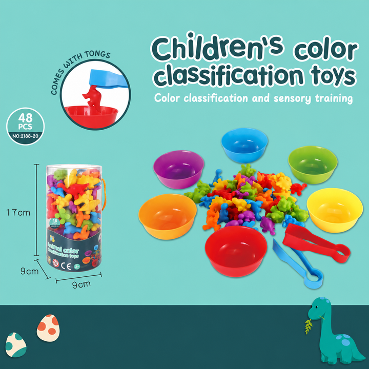 Dinosaur counting figures with six colored sorting bowls, two tongs, and a storage tube