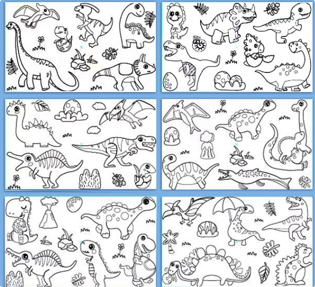 Six panels of dinosaur coloring outlines with plants and prehistoric animals