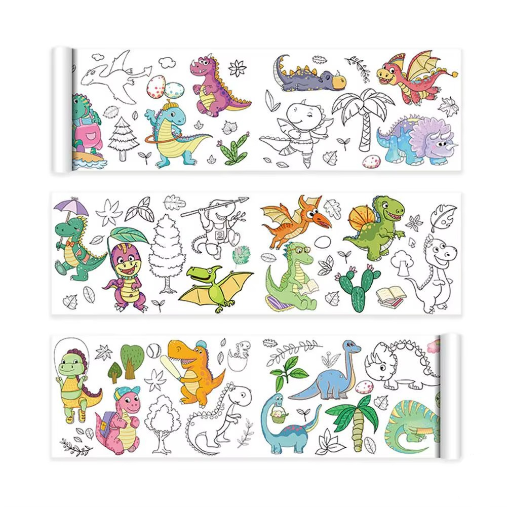 Dinosaur coloring roll with prehistoric scenes, shown partly colored