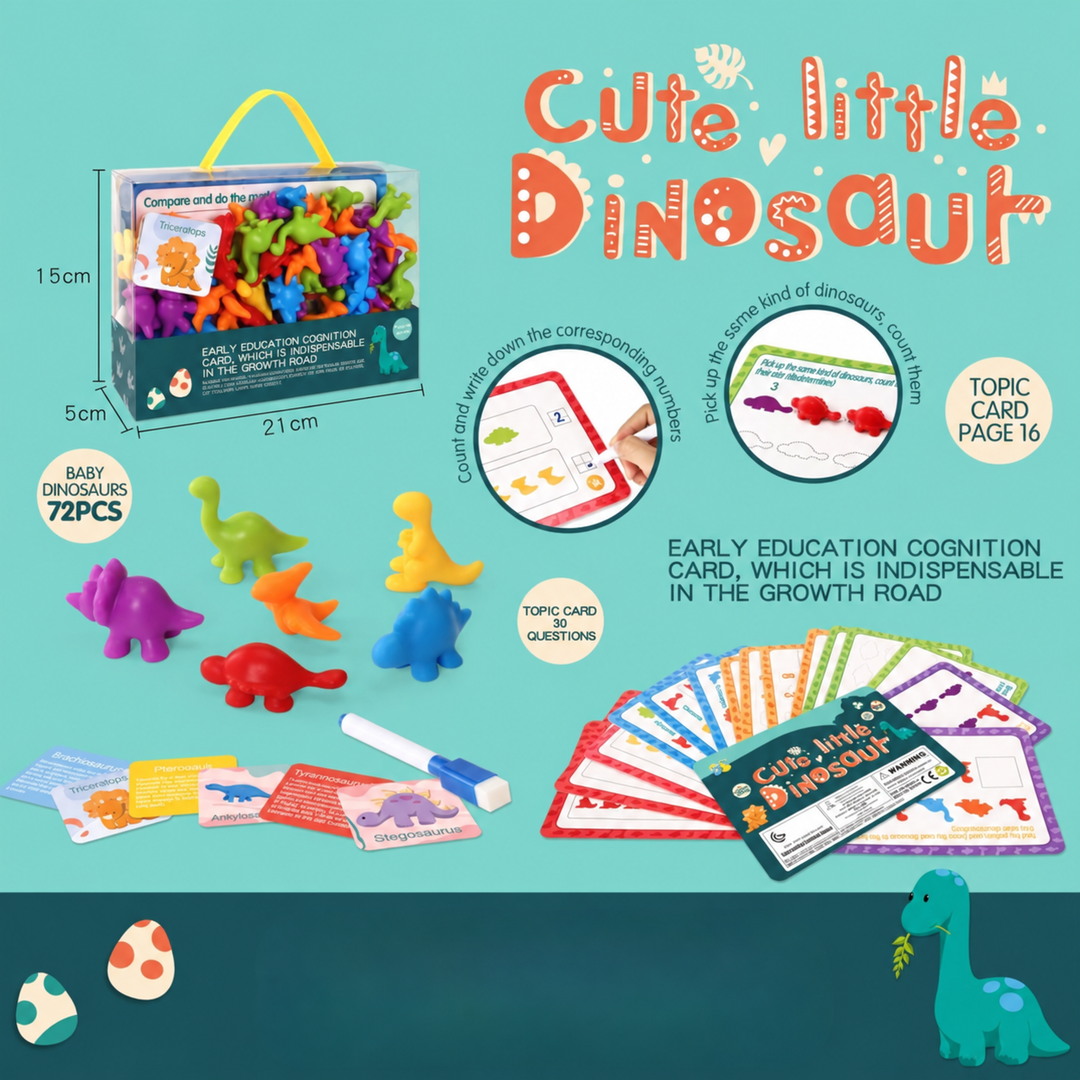 Dinosaur activity set with colorful figures, learning cards, a marker, and a handled case