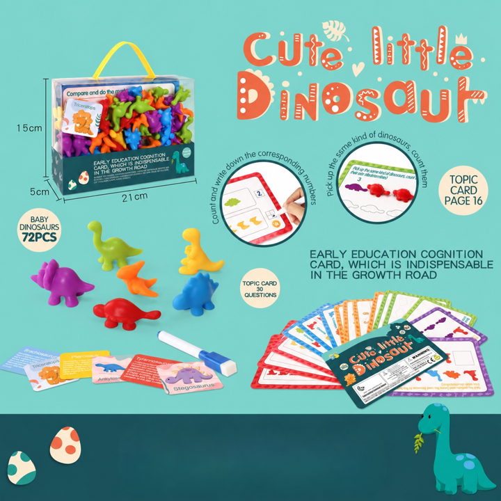 Dinosaur activity set with colorful figures, learning cards, a marker, and a handled case