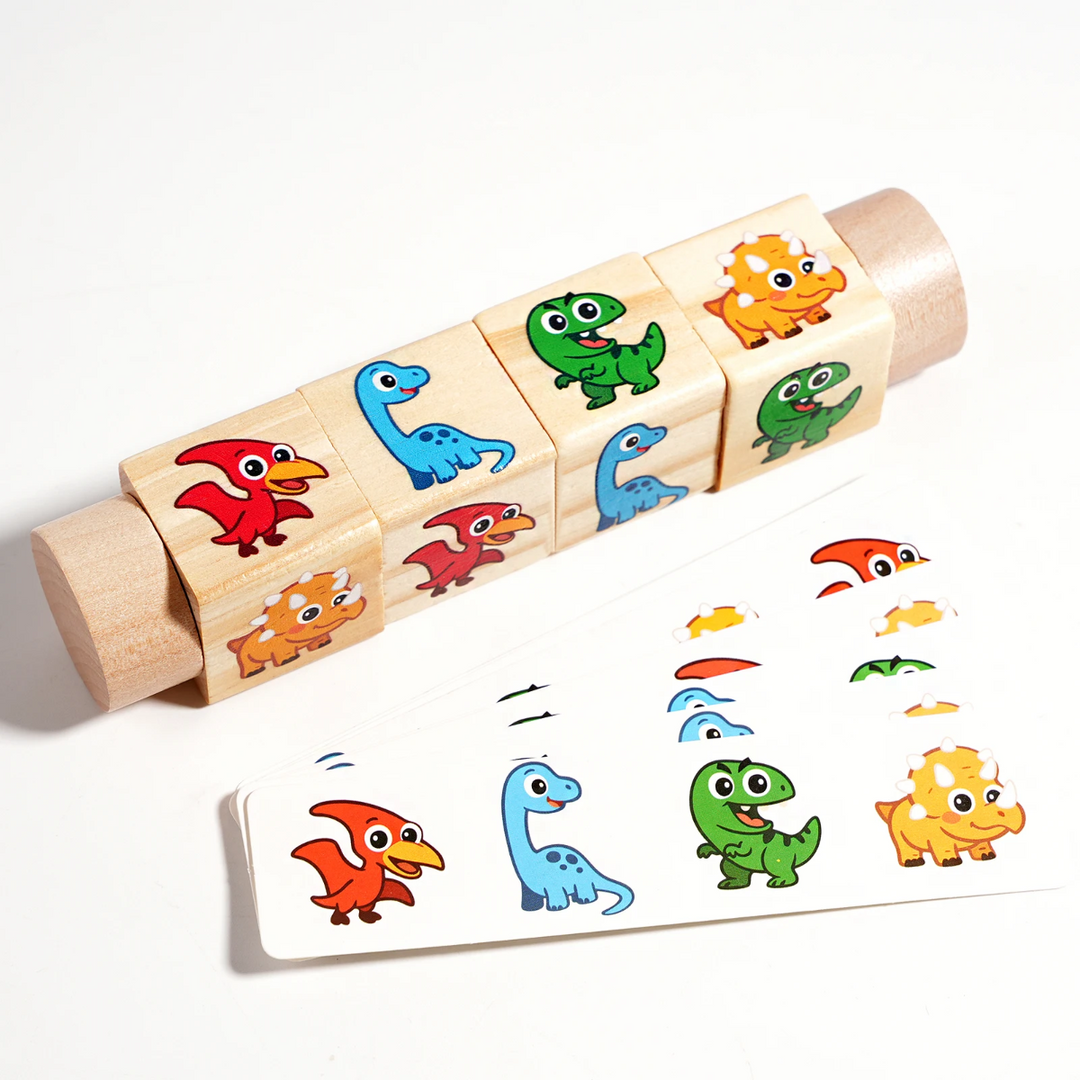 Dinosaur picture cubes on a wooden puzzle bar with illustrated matching cards