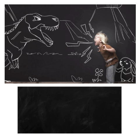 Dinosaur chalk drawing beside a child, with a blank black wallpaper panel shown below