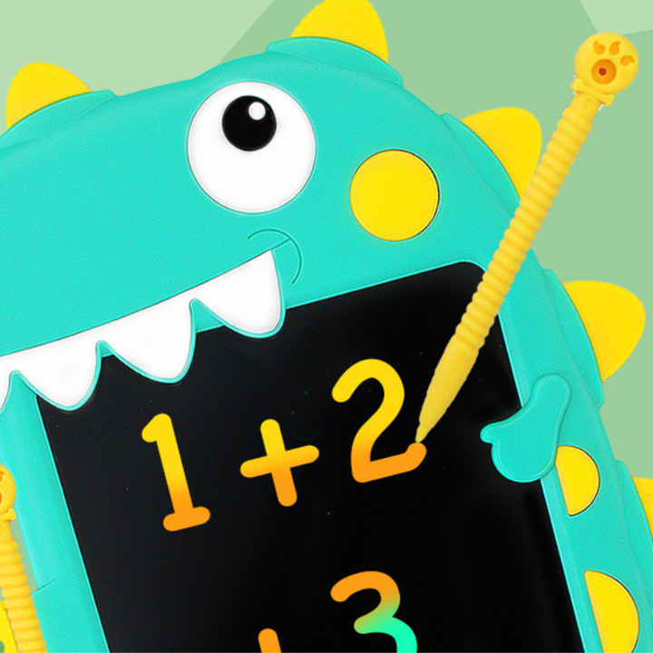 Close-up of the dinosaur drawing tablet showing colorful numbers and its yellow stylus