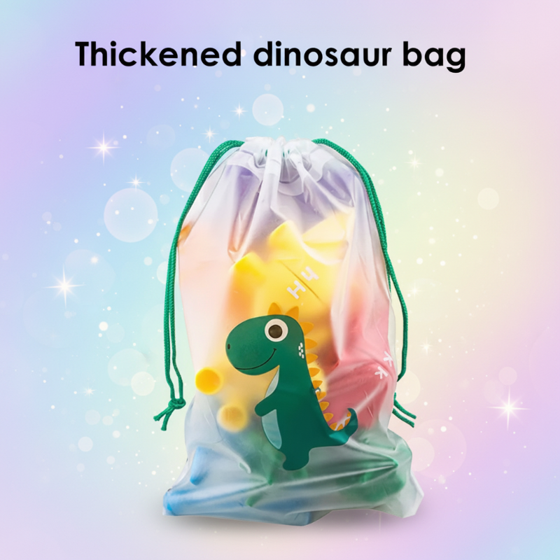 Drawstring storage bag filled with colorful dinosaur pieces