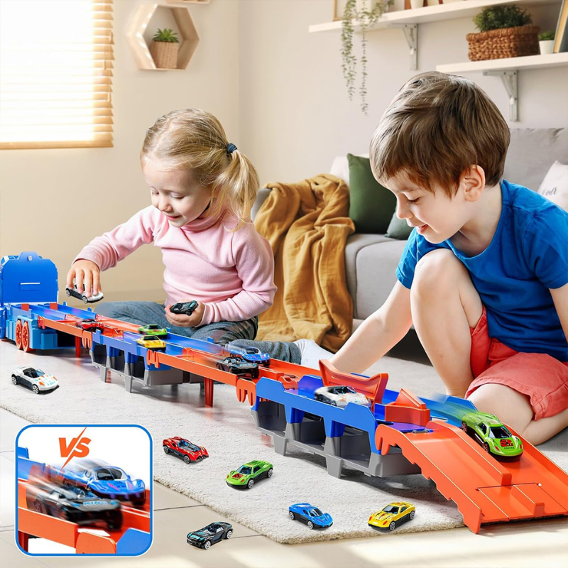 Two children race cars on the unfolded blue-and-orange dual track.