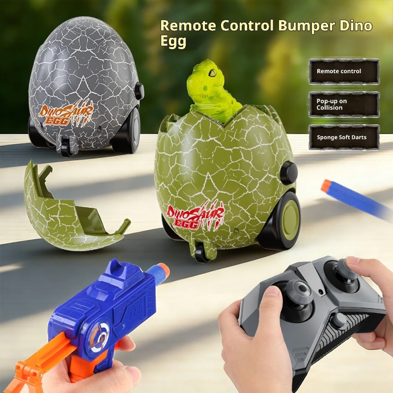 Dinosaur egg cars shown with a remote, dart blaster, and detachable shell pieces