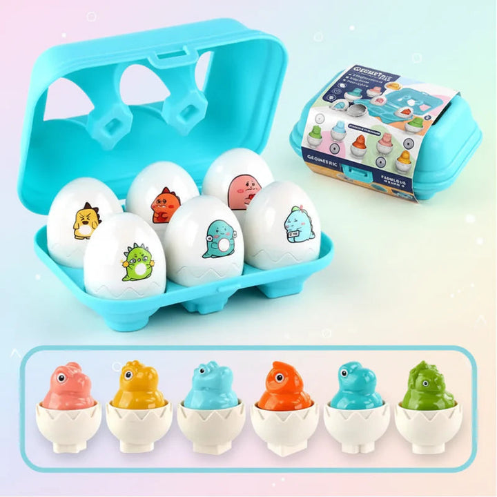 Dinosaur puzzle eggs in a turquoise case with six colorful dinosaur figures displayed below
