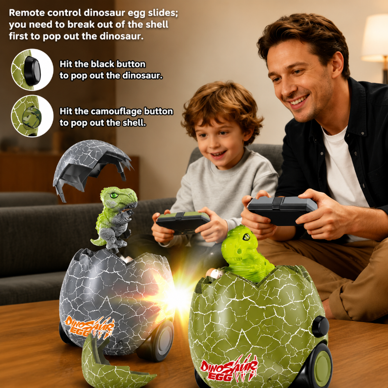 Parent and child with dinosaur egg cars and diagrams of the shell and dinosaur release buttons