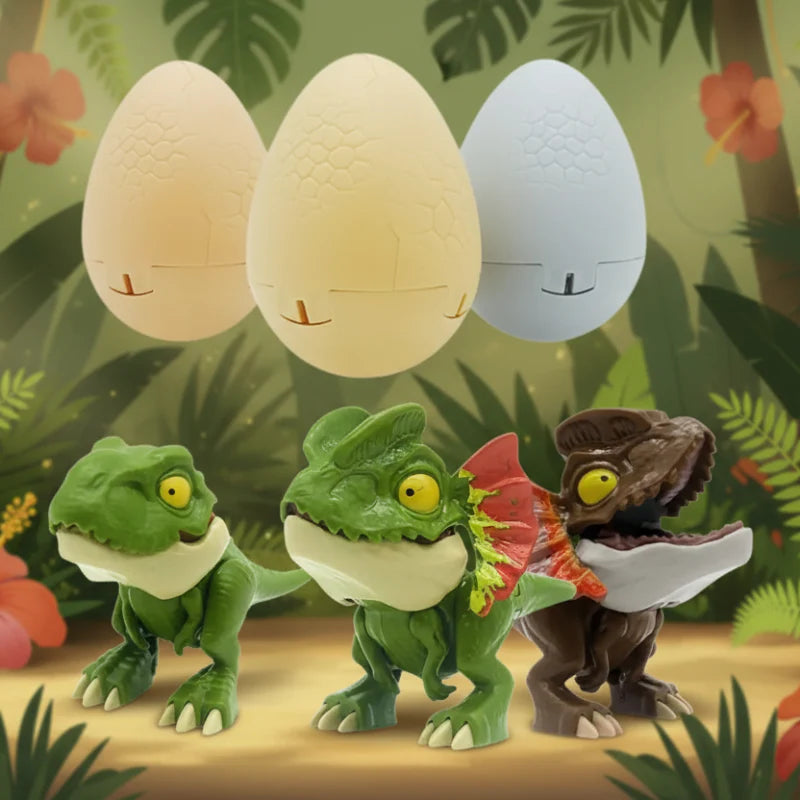 Green and brown dinosaur figures displayed below three closed eggs
