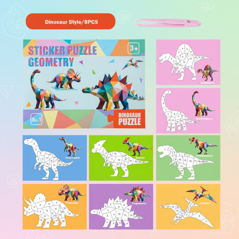 Dinosaur-themed sticker puzzle set with eight designs and pink tweezers
