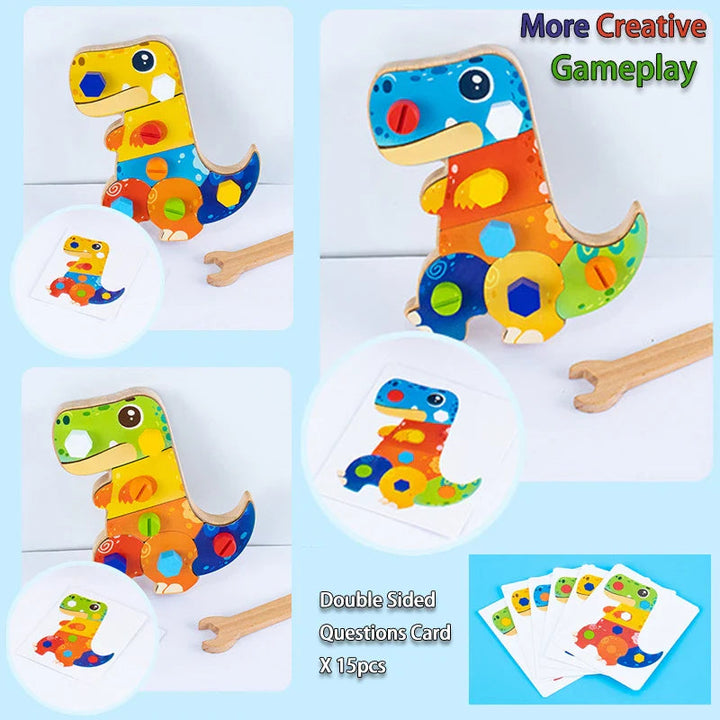 Dinosaur screw board arrangements shown with challenge cards and a wooden wrench