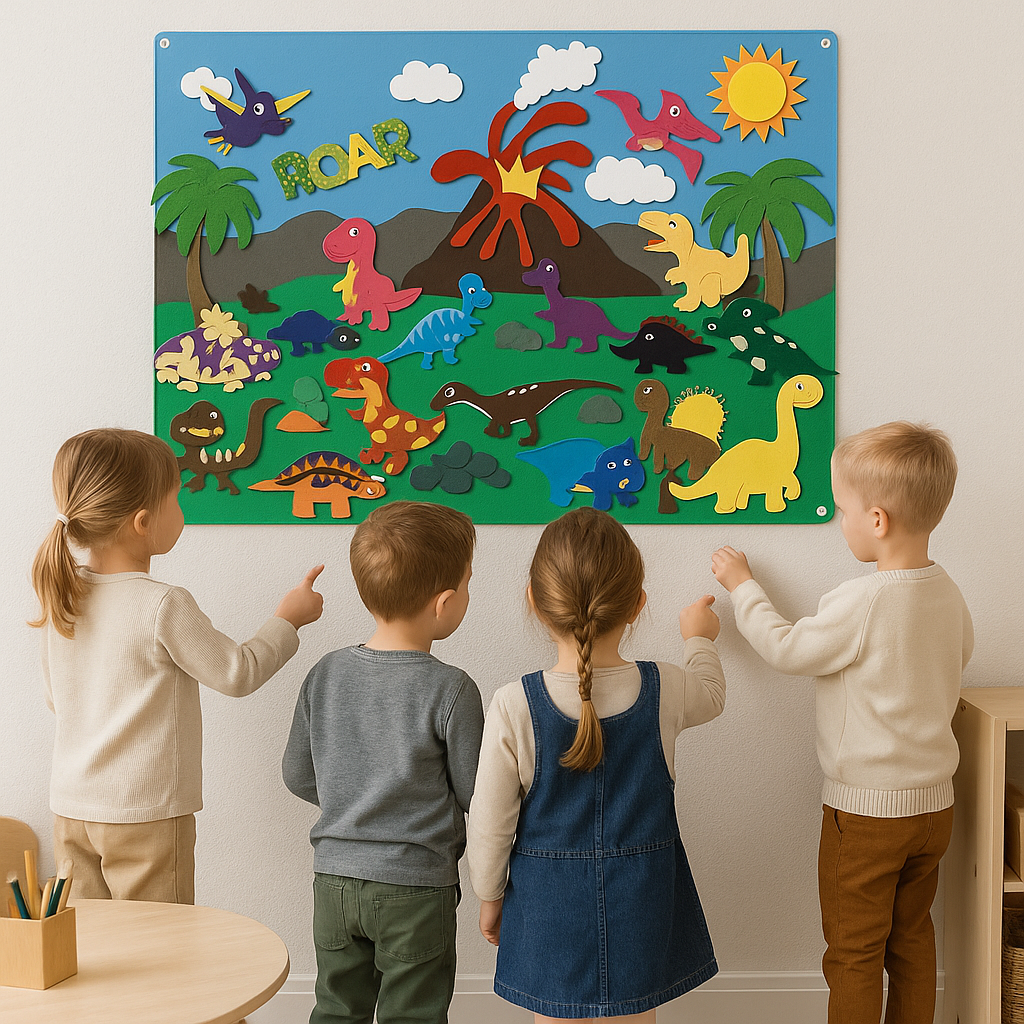 Four children gathered around a dinosaur felt board with a volcano scene