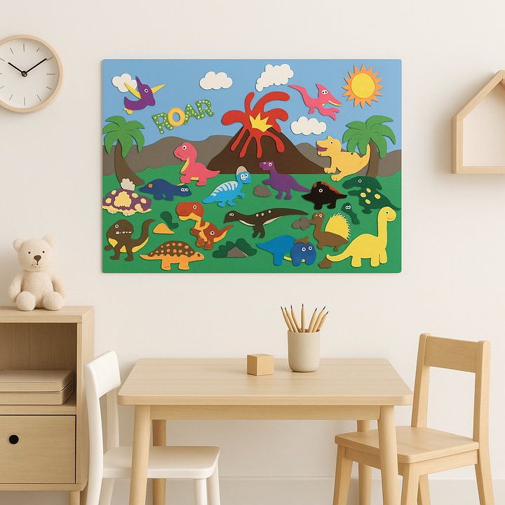 Dinosaur felt board with a volcano scene displayed above a child-size table