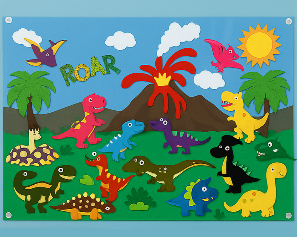 Dinosaur felt board scene with colorful dinosaurs, an erupting volcano, palm trees, and a sun