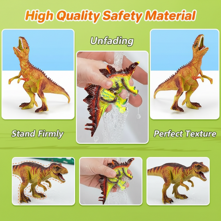 Orange dinosaur figure displayed standing, in close-up, and held in a hand.