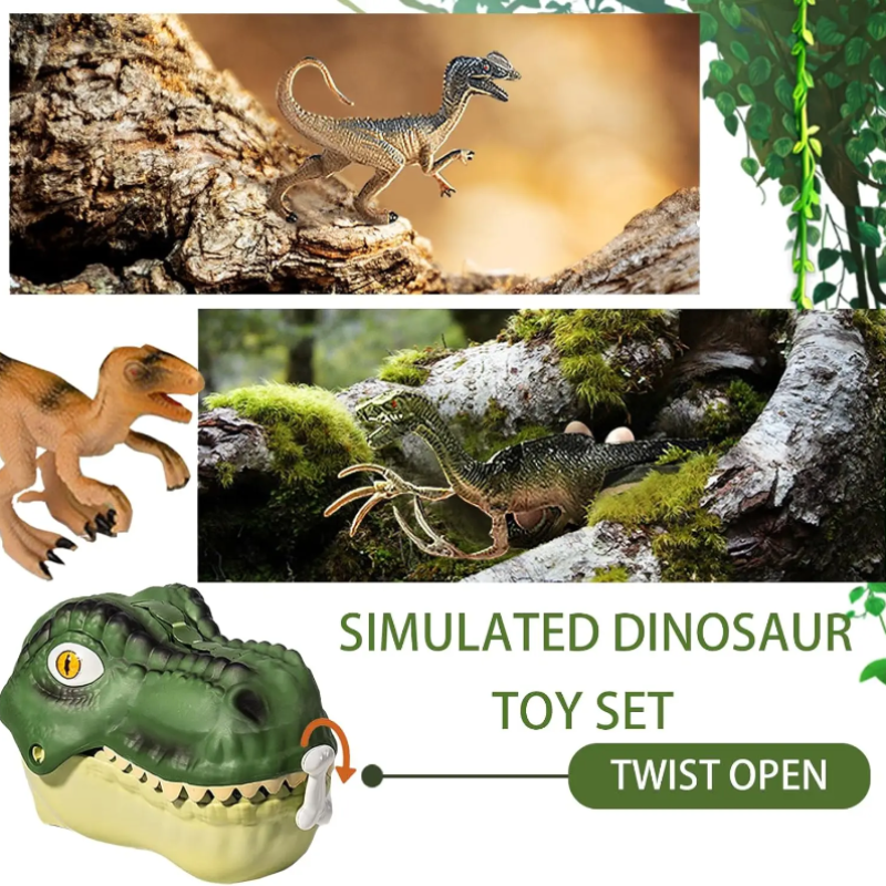 Dinosaur figures in outdoor scenes above a closed green T-Rex head case.