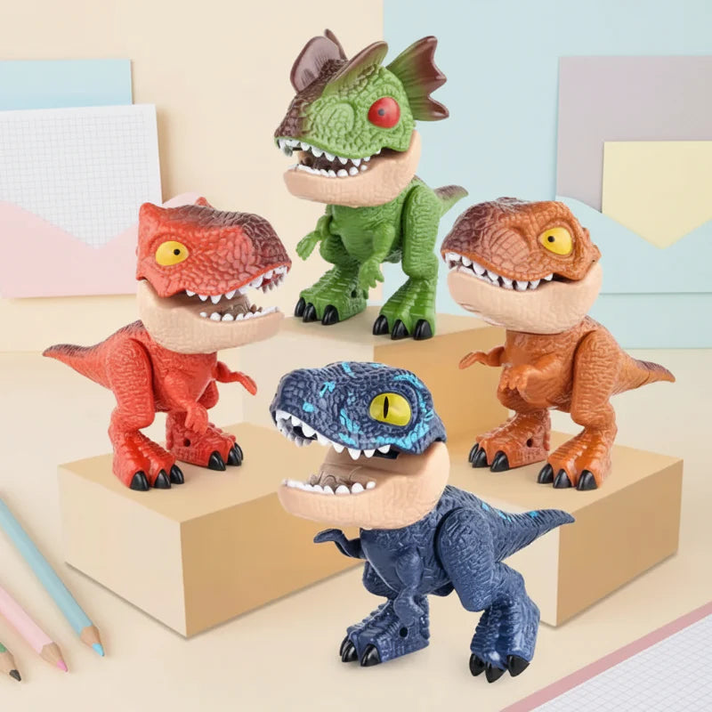 Red, green, orange, and blue dinosaur figures posed around pastel display blocks