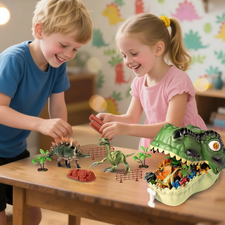Children arranging dinosaurs and scenery beside an open T-Rex head storage case.