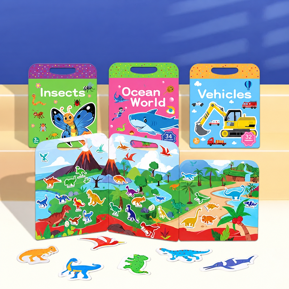 Themed activity books beside an open dinosaur scene with loose dinosaur pieces