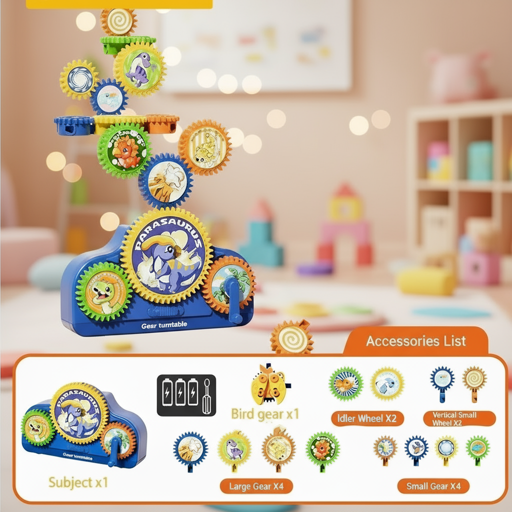 Dinosaur-themed gear set in a tall arrangement with its base and accessory layout.