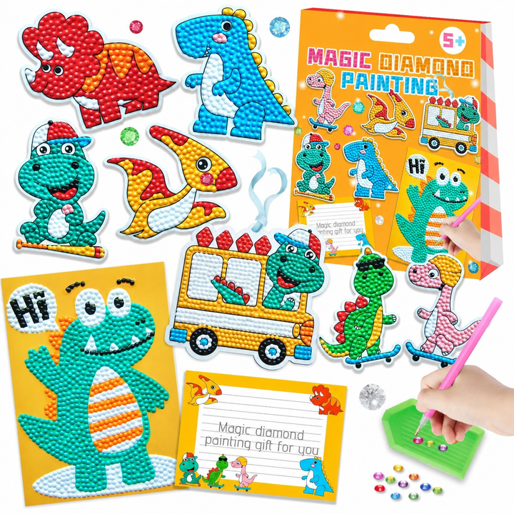 Dinosaur gem sticker craft kit with assorted dinosaur designs, a pink pen and a green tray
