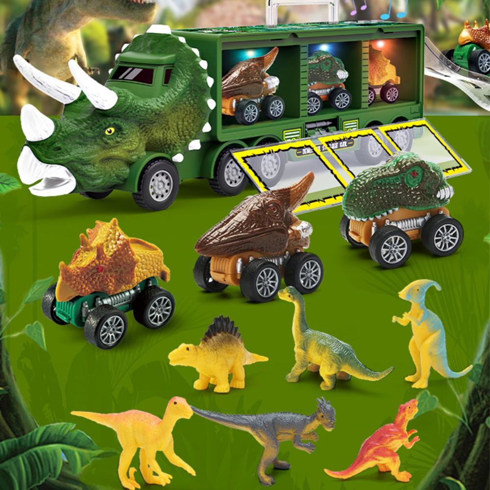 Green dinosaur-shaped carrier truck with small dinosaur cars and colorful dinosaur figures