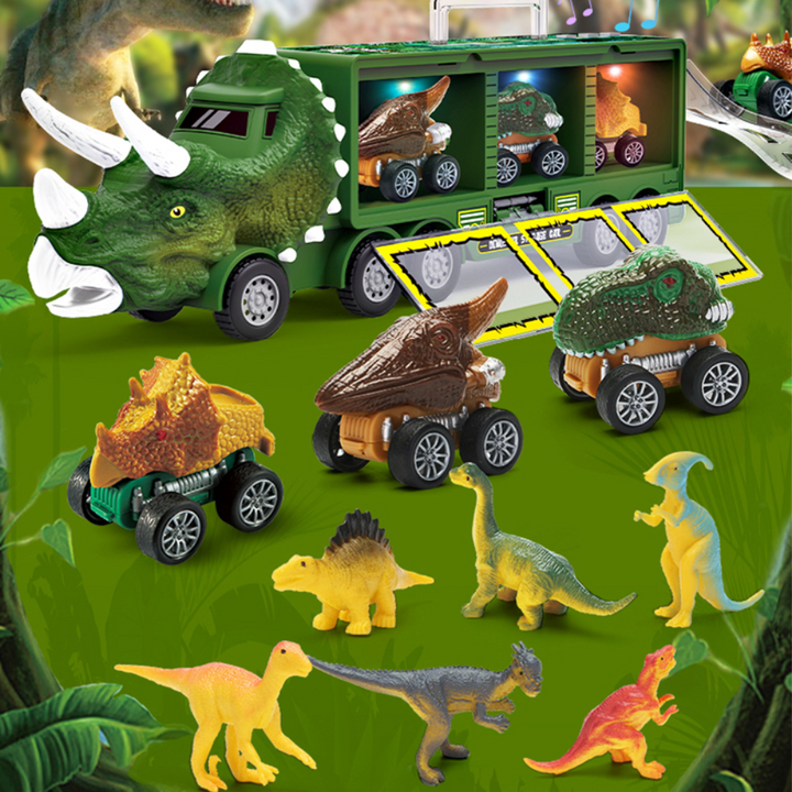 Green dinosaur-shaped carrier truck with small dinosaur cars and colorful dinosaur figures