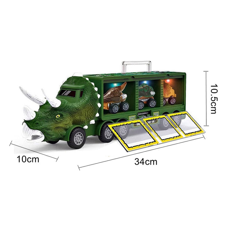 Dinosaur carrier truck with open storage compartments and dimension labels