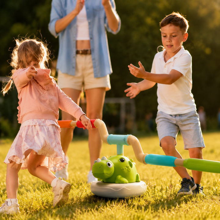 Children playing with the dinosaur rotating jump-bar toy on grass