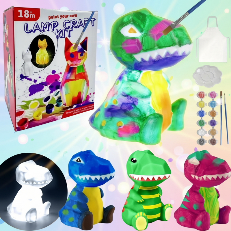 Dinosaur lamp kit with a painted green dinosaur, supplies, and blue, green, and pink design examples.