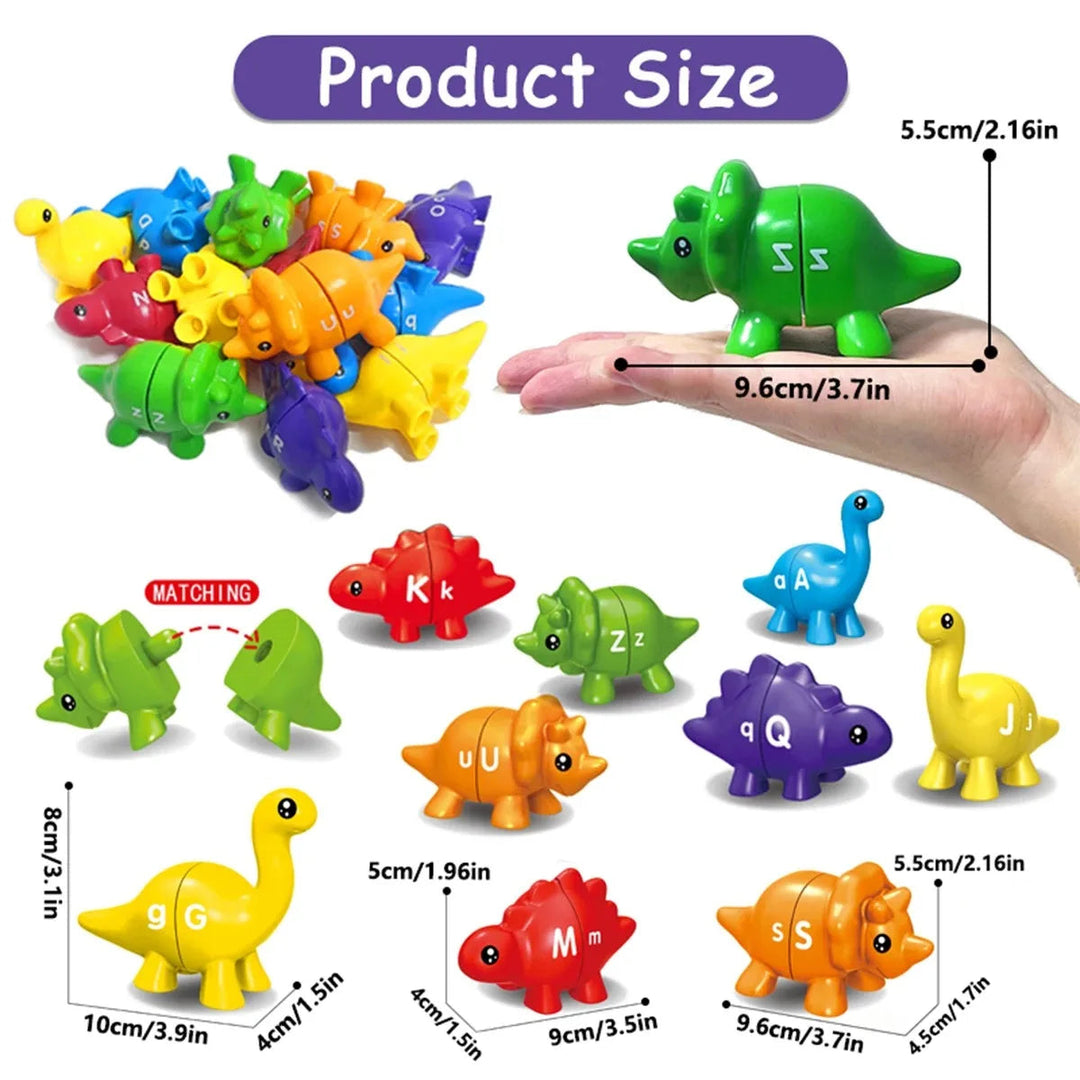 Dinosaur matching toy size chart showing different shapes and measurements in centimeters and inches
