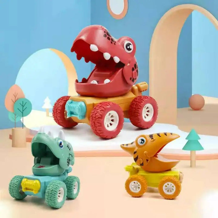 Red dinosaur monster truck above green and yellow dinosaur cars on a pastel display