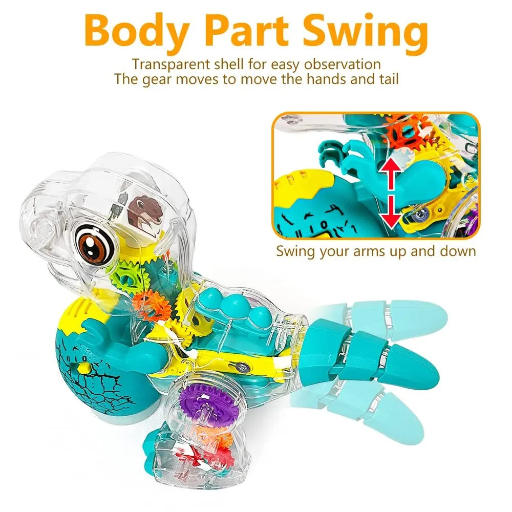 Dinosaur toy diagram showing gear-driven arm movement and a swinging tail