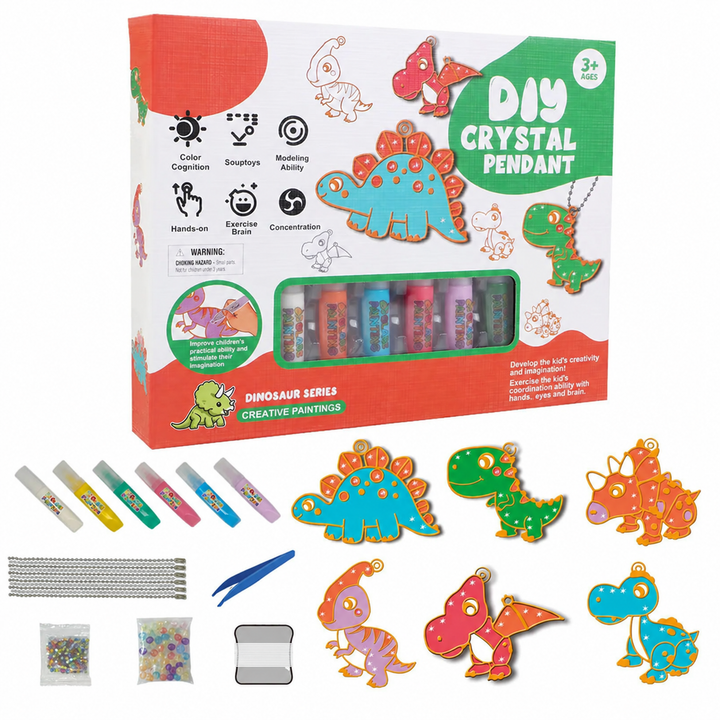 Dinosaur pendant craft kit with six dinosaur shapes and included decorating supplies