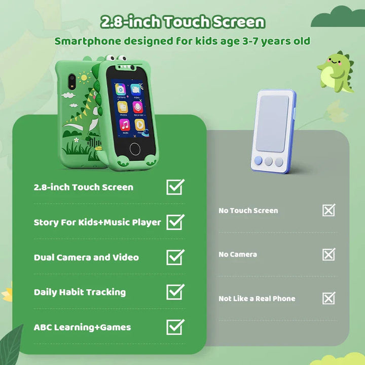 Green toy phone graphic highlighting a 2.8-inch touchscreen and activities for ages 3-7