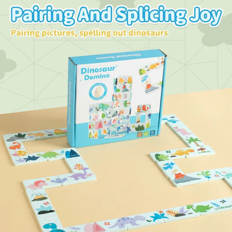 Dinosaur picture dominoes connected in a flat trail around the game box