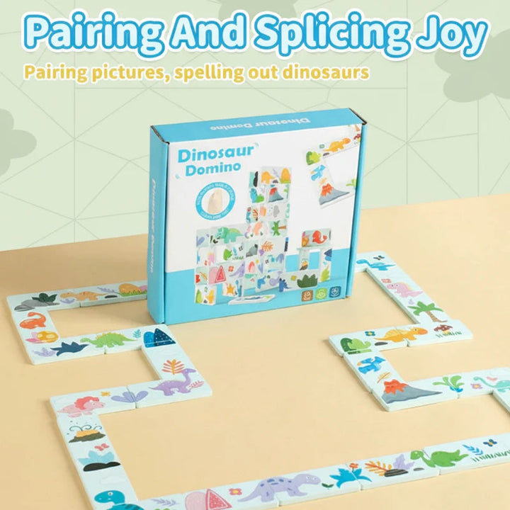 Dinosaur picture dominoes connected in a flat trail around the game box