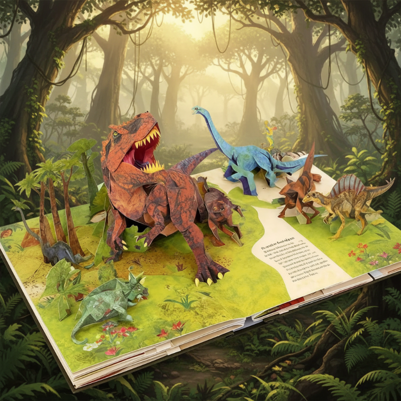 T. rex and other dinosaur pop-ups on an open book against a forest backdrop