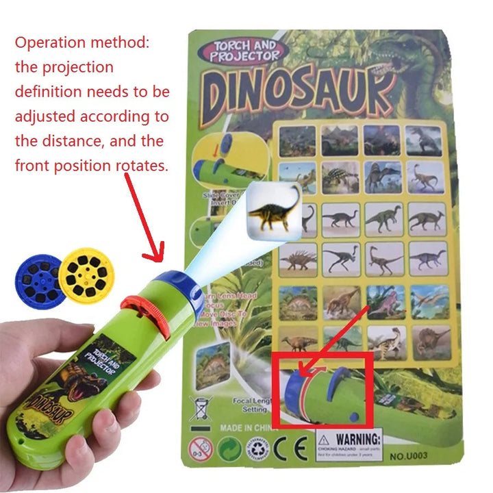 Dinosaur projection flashlight demonstration showing the adjustable front lens and picture slides