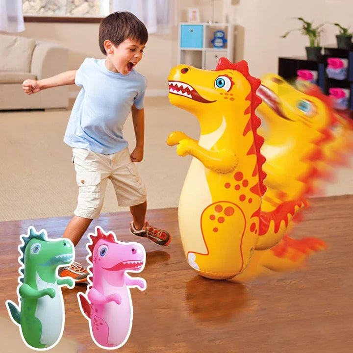 Child playing with a yellow inflatable dinosaur punching bag, with green and pink color options shown