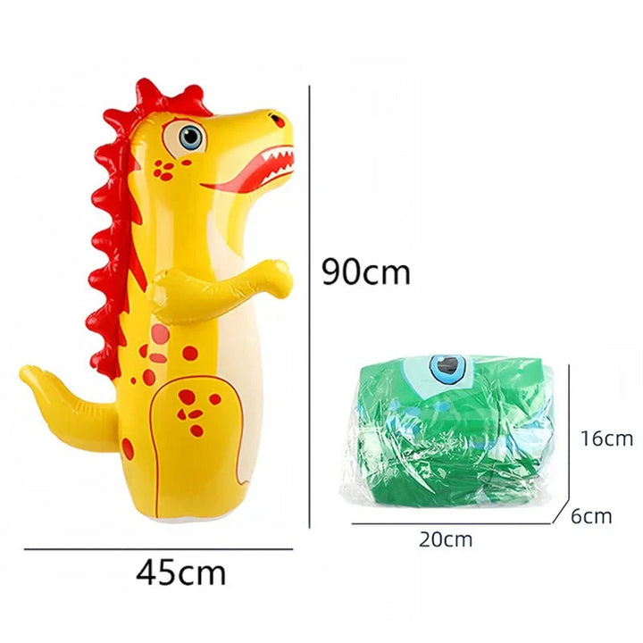 Measurement diagram showing a yellow inflatable dinosaur punching bag and its packaged size