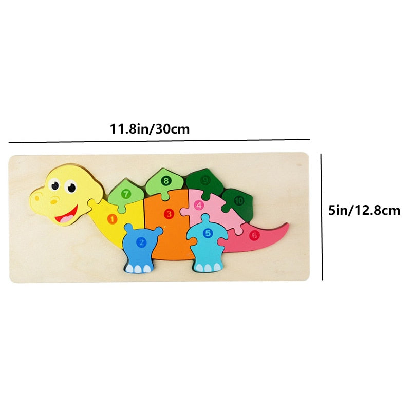 Dinosaur wooden number puzzle measuring 30 x 12.8 cm